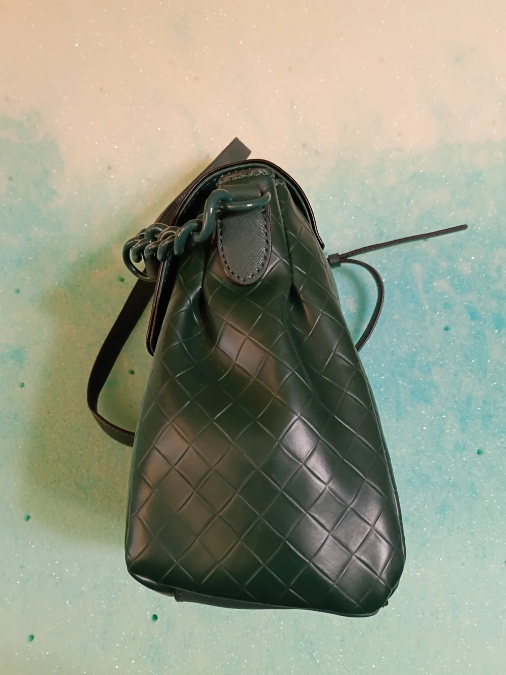 Guess‎ Dark Green Quilted Top-Handle Satchel with Gold Emblem
